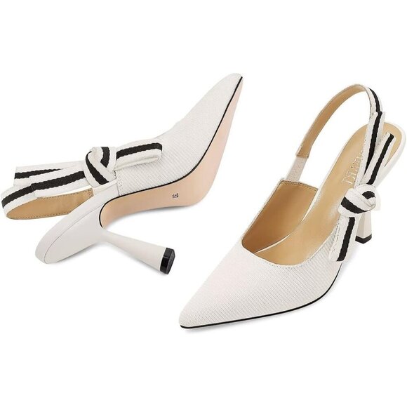 🆕Women White Heels Pointed Toe High Heels Bowknot Knitted Dress Pumps Shoes - Picture 3 of 7
